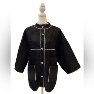 Cyrus Black/White Fuzzy Dressy Coat with White Trim